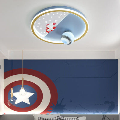 Creative Cartoon Rocket Planet Round Iron LED Kids Flush Mount Ceiling Light