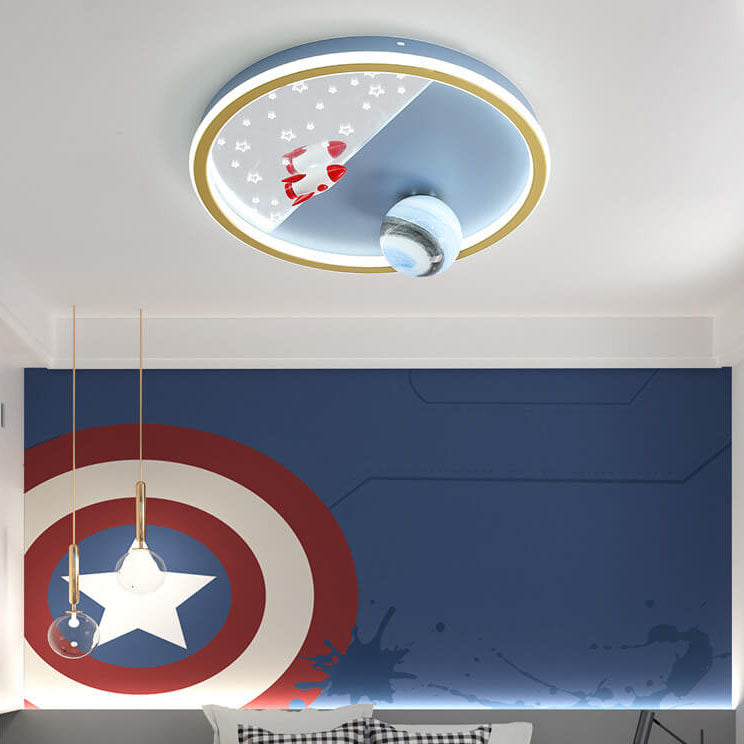 Plafonnier LED pour enfants avec fusée dessinée, planète ronde en fer créatif 