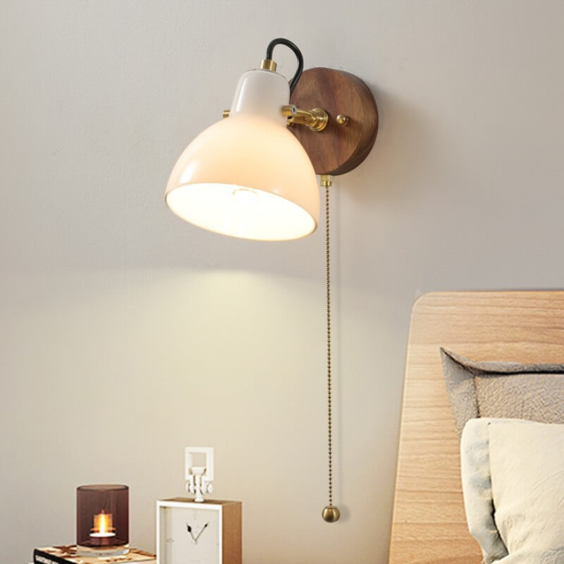 Modern Minimalist Horn Hanging Chain Walnut Wood Brass Glass 1-Light Wall Sconce Lamp