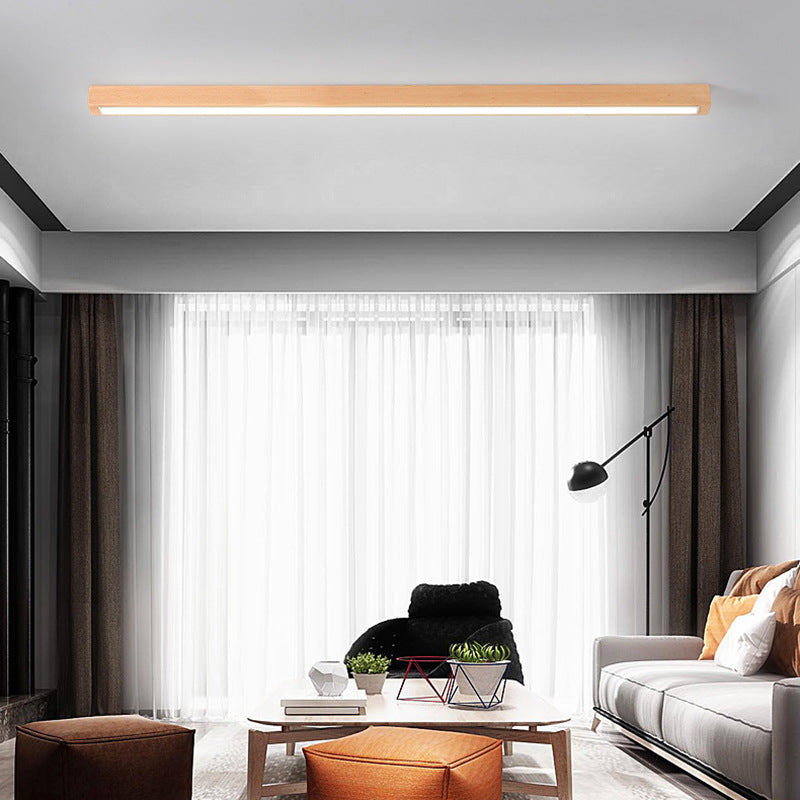 Modern Minimalist Wood Acrylic Long Strip LED Flush Mount Ceiling Light For Living Room
