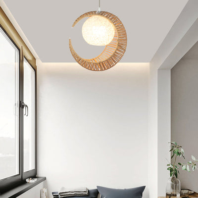 Japanese Creative Moon Rattan Weaving 1-Light Pendant Light