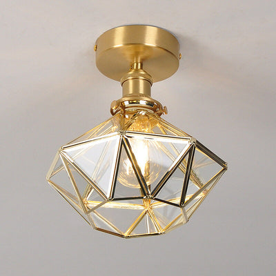 Modern Brass Glass Diamond 1-Light Semi-Flush Mount Ceiling Light