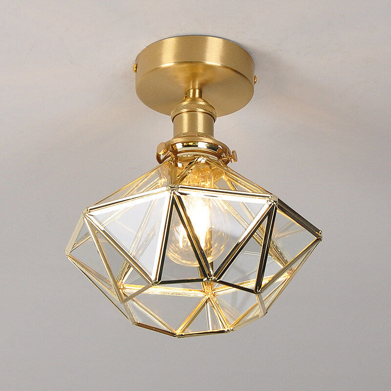 Moderne Messing-Glas-Diamant-Deckenleuchte mit 1 Leuchte, halbbündige Montage