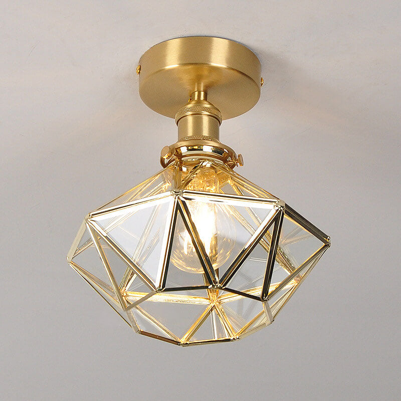 Modern Brass Glass Diamond 1-Light Semi-Flush Mount Ceiling Light