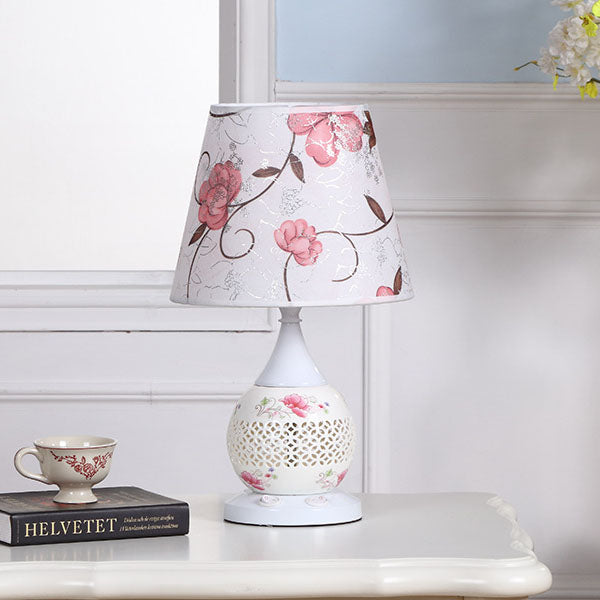 Traditional Chinese Ceramic Fabric Floral Cone 1-Light Table Lamp For Living Room &amp; Bedroom