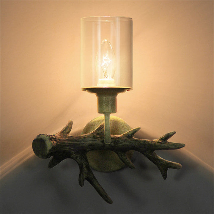 Contemporary Industrial Antler Resin Glass Cylinder 1-Light Wall Sconce Lamp For Living Room &amp; Bedroom