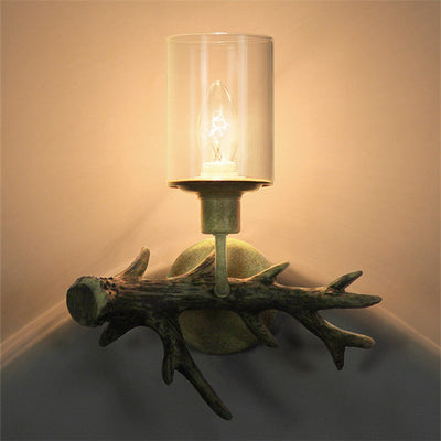 Industrial Vintage Antler Resin Glass Cylinder 1-Light Wall Sconce Lamp