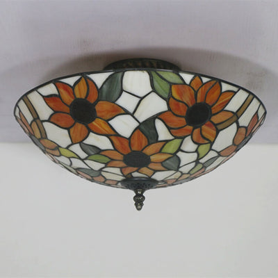 Tiffany European Sunflower Stained Glass Bowl 3-Light Flush Mount Ceiling Light