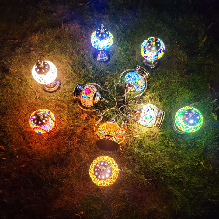 Lámpara de mesa LED portátil redonda de vidrio teñido vintage tradicional con maceta, recargable por USB, para dormitorio 