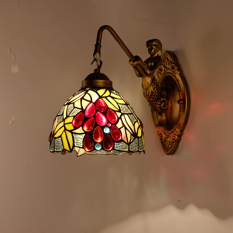 Vintage Tiffany Grape Stained Glass Dome 1-Light Wall Sconce Lamp