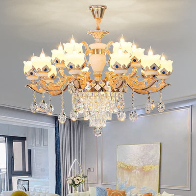 Modern Luxury Floral Candelabra Zinc Alloy Crystal Jade 6/8/10/15 Light Chandelier