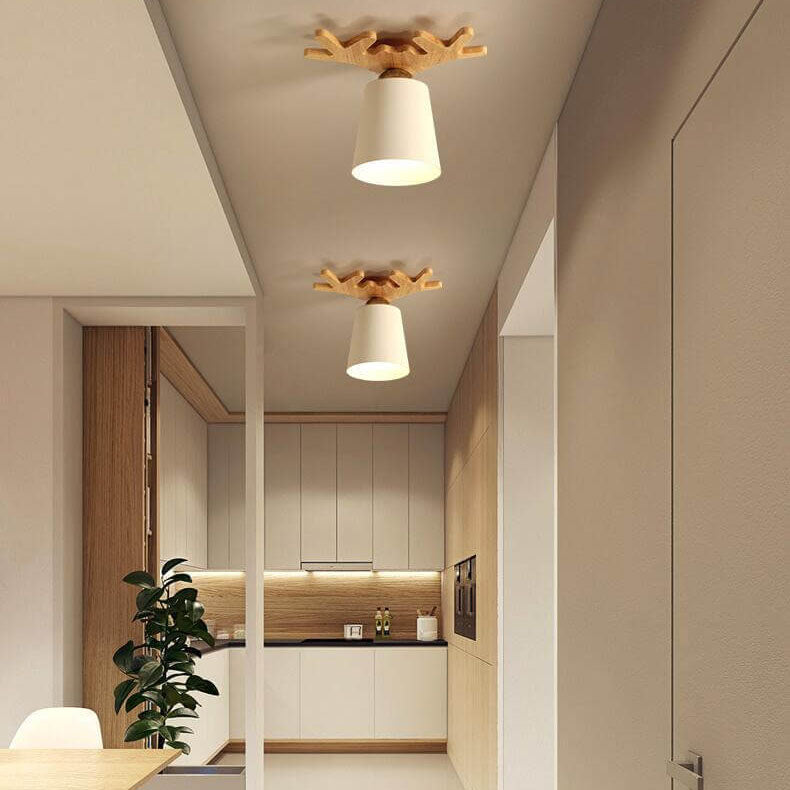 Contemporary Nordic Antler Wood Cone 1-Light Semi-Flush Mount Ceiling Light for Living Room
