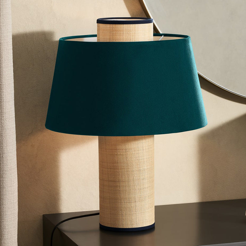 Modern Minimalist Fabric Iron Drum Column Dark Green 1-Light Table Lamp for Living Room