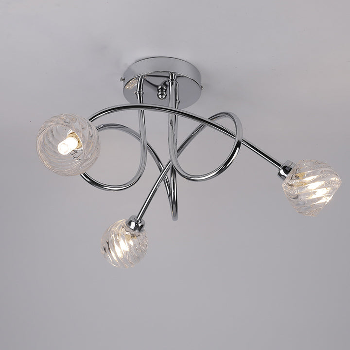 Moderne luxuriöse halbhohe 3-flammige Deckenleuchte aus Eisen und Glas mit gedrehten Linien und geschwungenem Design für das Wohnzimmer 