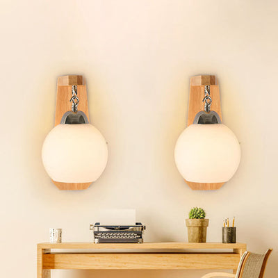 Japanese Simple Glass Round Shade Wood Arm 1-Light Wall Sconce Lamp