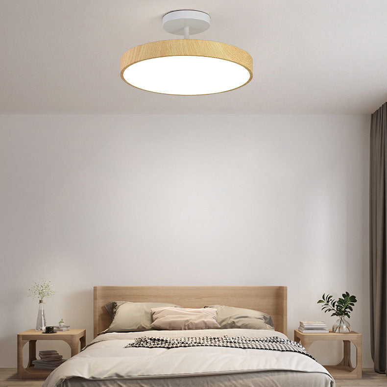 Japanese Wabi-sabi Minimalist Wood Grain Round LED Semi-Flush Mount Light