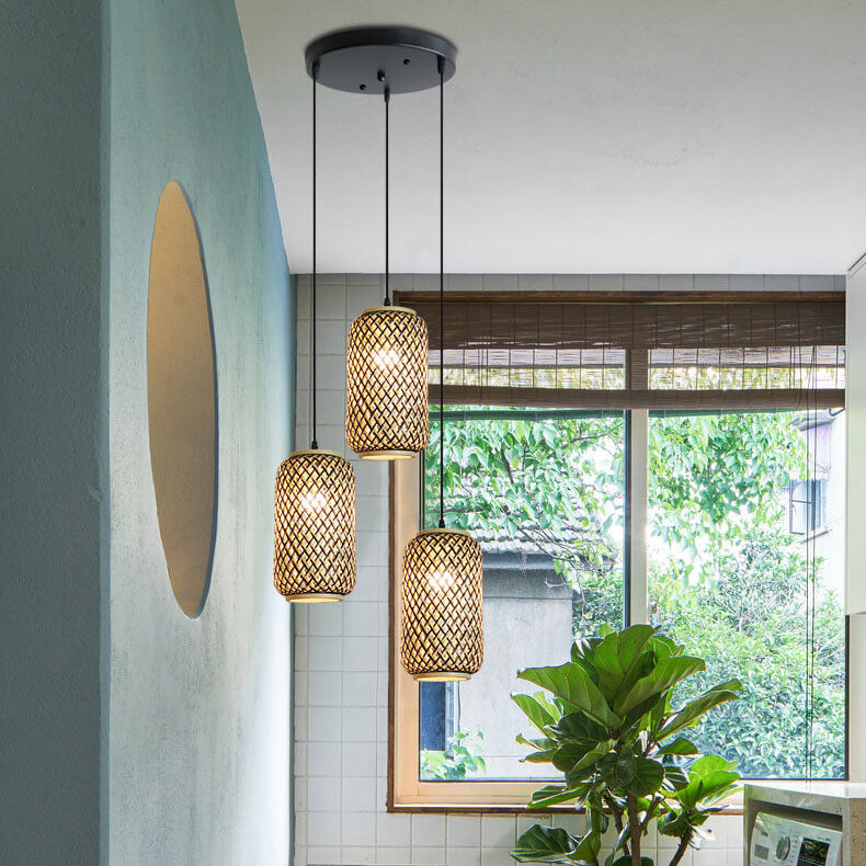 Lámpara colgante lineal de 3 luces con columna de bambú y hierro, estilo moderno minimalista, para comedor 