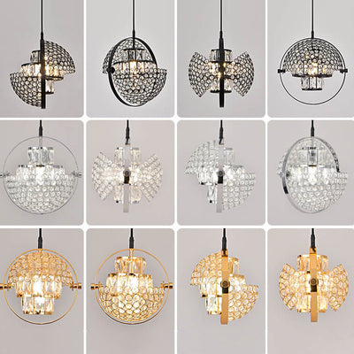 Nordic Luxury Brass Crystal Semi-Circular Rotating 1-Light Pendant Light