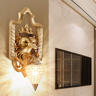 Vintage Lion Head Lantern Resin Crystal 1-Light Wall Sconce Lamp