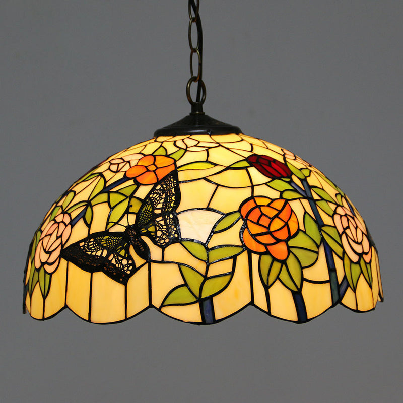 Vintage Tiffany Butterfly Rose Dome 1-Light Pendant Light