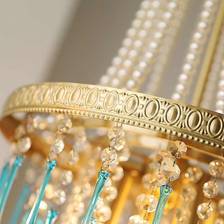 Lámpara de araña ovalada multicapa de cristal y hierro de lujo contemporáneo de 4 luces para sala de estar y dormitorio 