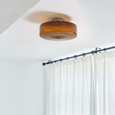 Traditional Vintage Round Ripple Glass LED Flush Mount Ceiling Light For Living Room