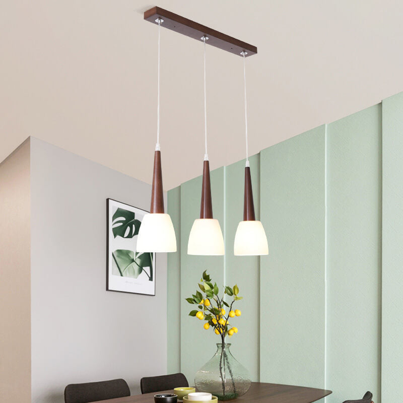 Modern Chinese Walnut Glass Shade 3-Light Chandelier