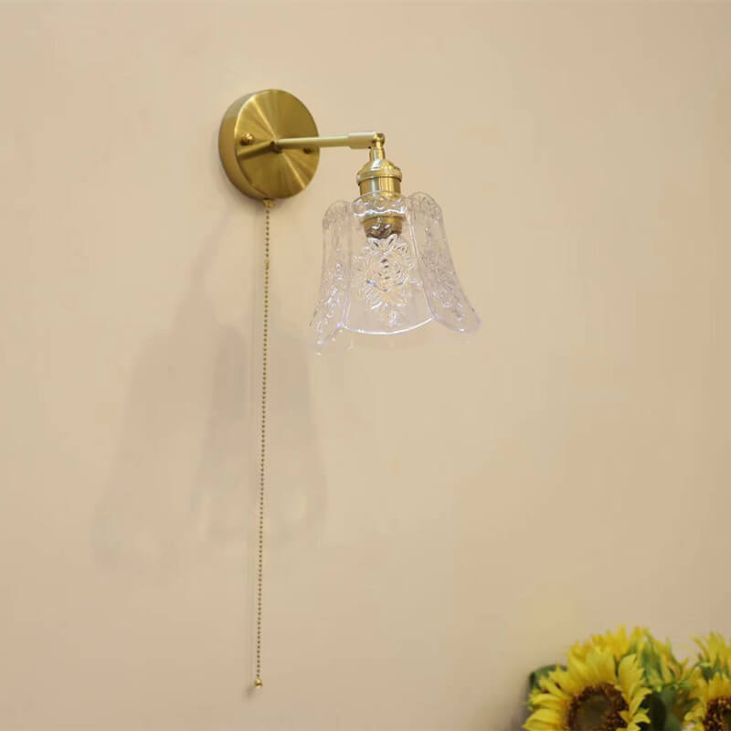 Lámpara de pared de 1 luz de latón y vidrio simple de lujo ligero francés con cable de tiro 