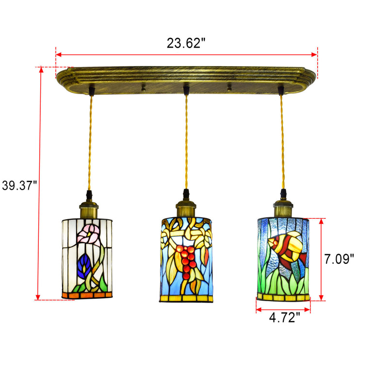 European Tiffany Rustic Stained Glass Column 3-Light Island Light Chandelier