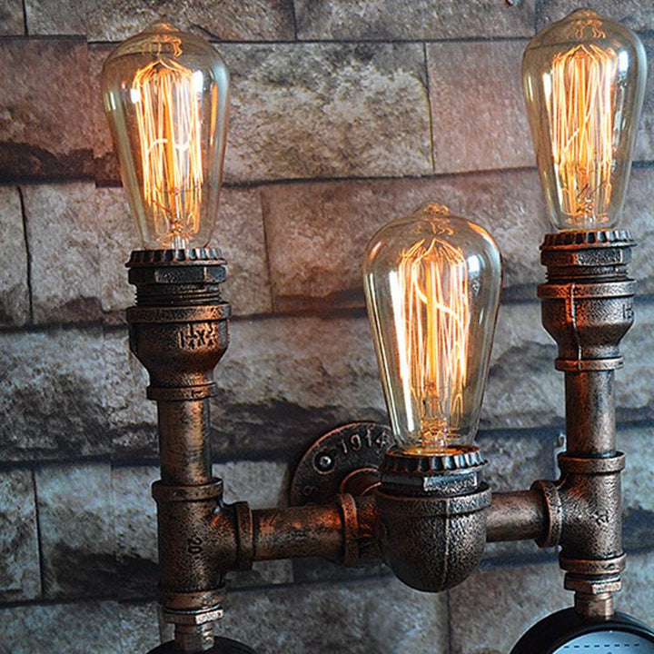 Traditional Vintage Iron Pipe Water Meter 3-Light Wall Sconce Lamp For Living Room