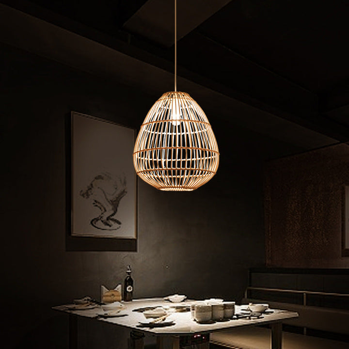 Zeitgenössische Boho Rattan Webkäfig 1-Licht Pendelleuchte für Esszimmer 