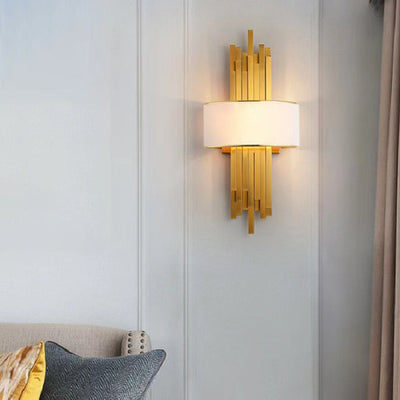 Modern Luxury Iron Straight Line Fabric Cylinder Shade 2-Light Wall Sconce Lamp For Living Room