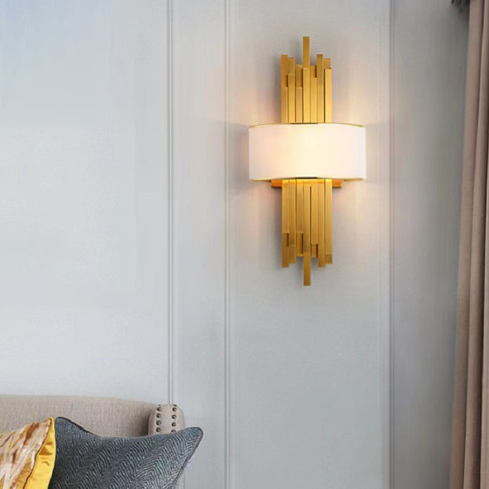 Modern Luxury Iron Straight Line Fabric Cylinder Shade 2-Light Wall Sconce Lamp For Living Room