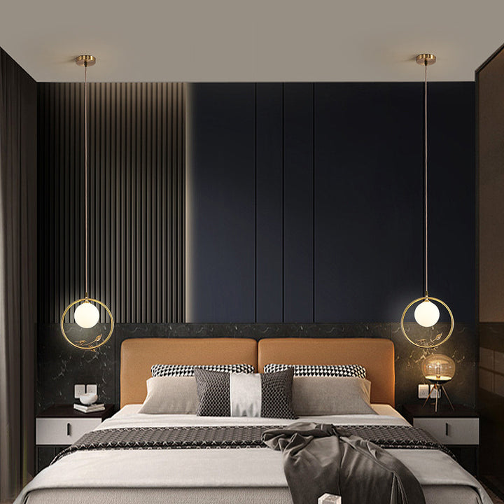 Lámpara colgante contemporánea nórdica de cobre y cristal circular de 1 luz para sala de estar y dormitorio 