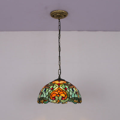European Vintage Tiffany Stained Glass Metal 1-Light Pendant Light