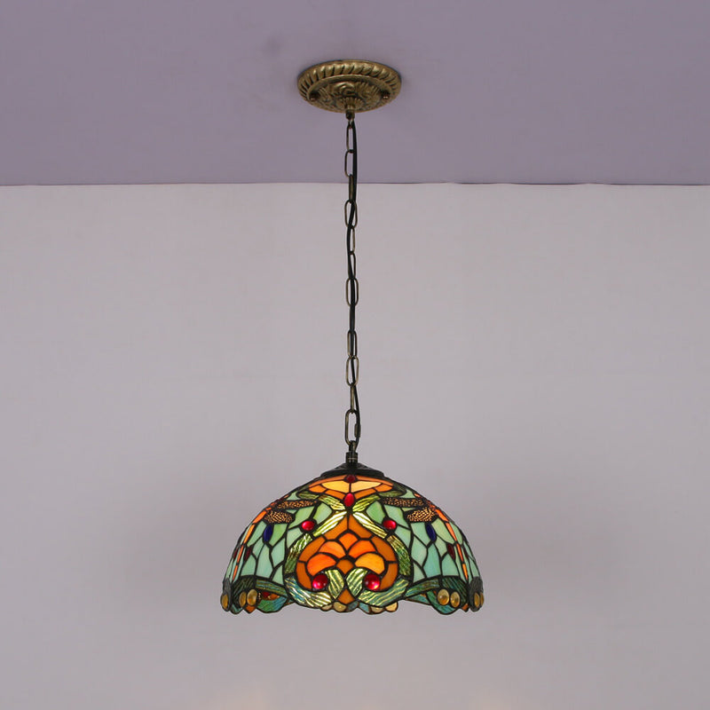 European Vintage Tiffany Stained Glass Metal 1-Light Pendant Light