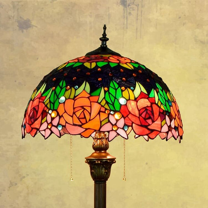 Traditional Tiffany Roses Stained Glass Resin Iron Dome Round 2-Light Standing Floor Lamp for Living Room