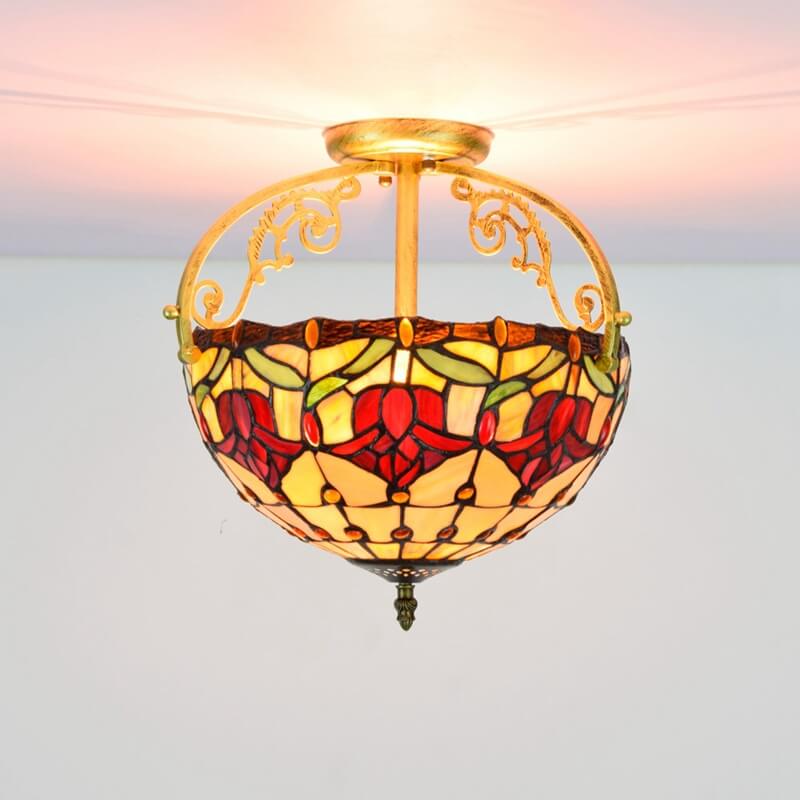 European Tiffany Red Tulip Stained Glass 2-Light Semi-Flush Mount Ceiling Light