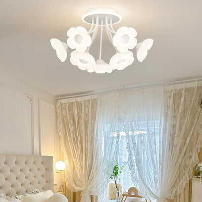 Contemporary Creative Flower PE Shade Iron Frame LED Semi-Flush Mount Ceiling Light For Bedroom