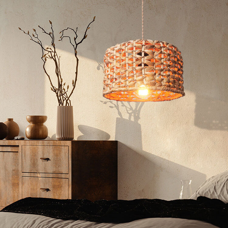 Modern Chinese Rattan Straw Rope Woven Drum 1-Light Pendant