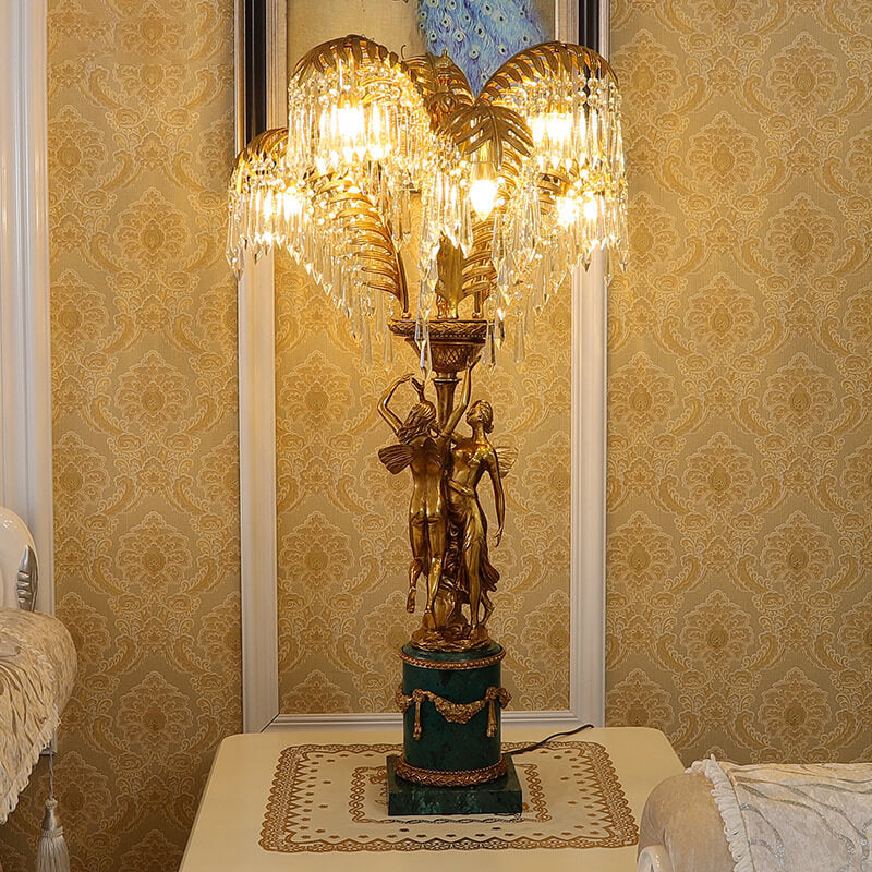 Vintage französische Messing Kristallbaum Engel Design Luxus 6-Licht Tischlampe 