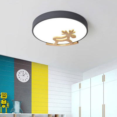 Macaron Creative Wooden Horse Shape Round LED Kids Flush Mount Ceiling Light