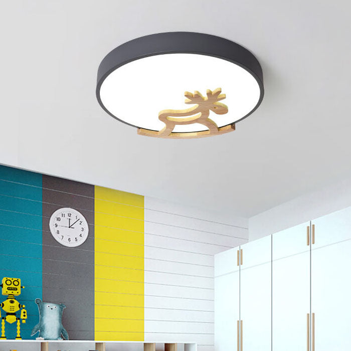 Lampe de plafond LED ronde pour enfants en forme de cheval en bois créatif Macaron 