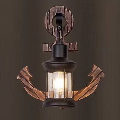 Traditional Vintage Distressed Wood Boat Anchor Cylindrical Glass Shade 1-Light Wall Sconce Lamp For Entertainment Room