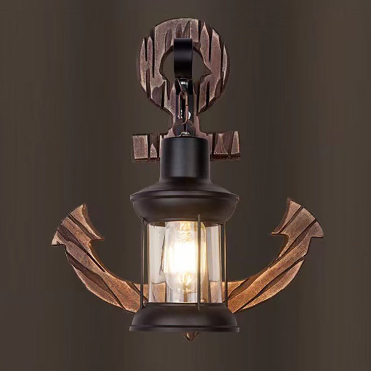 Traditional Vintage Distressed Wood Boat Anchor Cylindrical Glass Shade 1-Light Wall Sconce Lamp For Entertainment Room