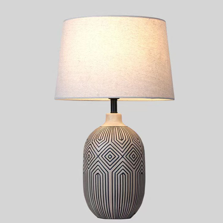 Lámpara de mesa de 1 luz con base de cerámica con rayas japonesas tradicionales para dormitorio 