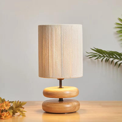 Japanese Minimalist Walnut Fabric Lampshade Cylinder 1-Light Table Lamp