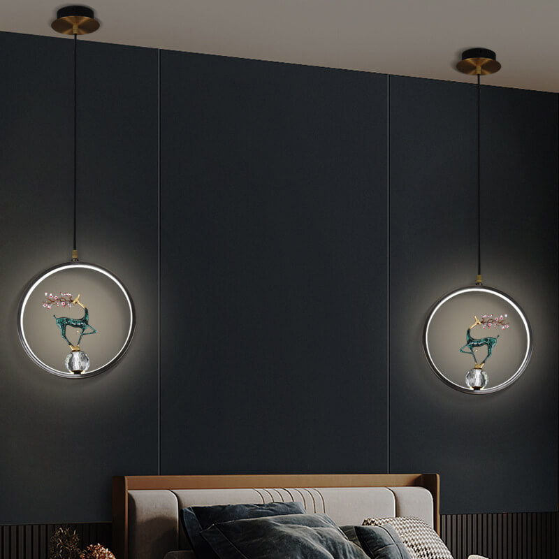 Lustre LED suspendu moderne chinois carré rond anneau prunier cerf 