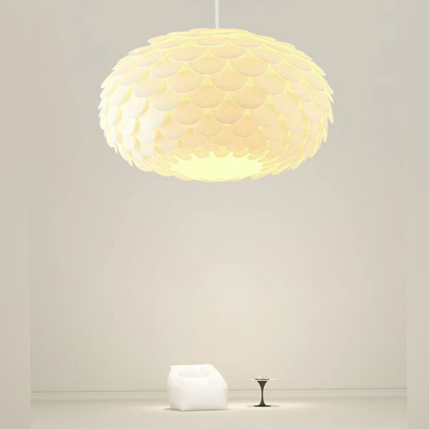 Contemporary Creative Cream Pine Cone Round Iron PVC Dome 1-Light Pendant Light For Living Room