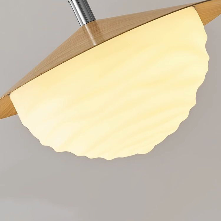 Suspension LED à abat-jour ondulé en PE imitation bois traditionnel japonais pour salon 